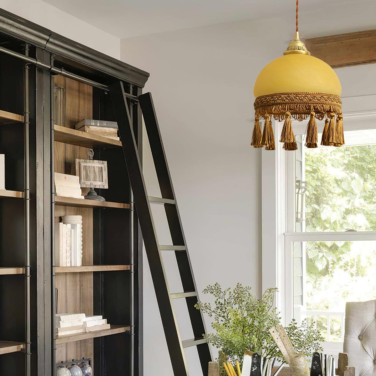 Sycaran hanglamp met franjes in messing en glas