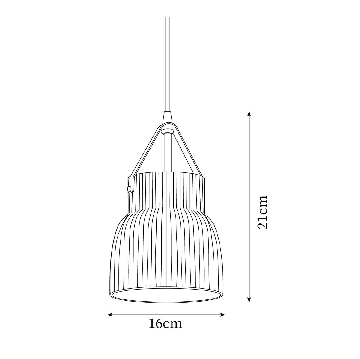 Moderne hanglamp met keramische geribbelde kap, messing en leerband