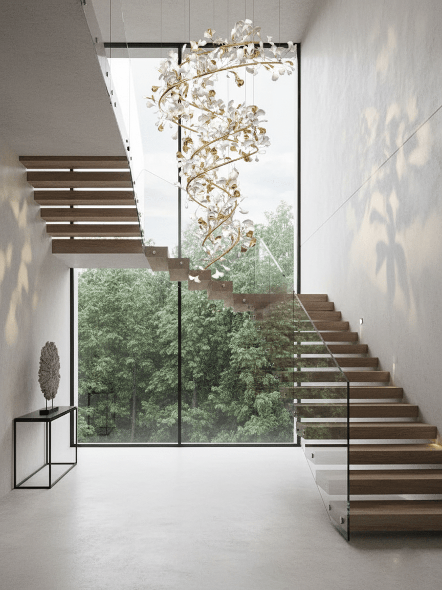 Gingko kroonluchter met ring van keramiek voor trap