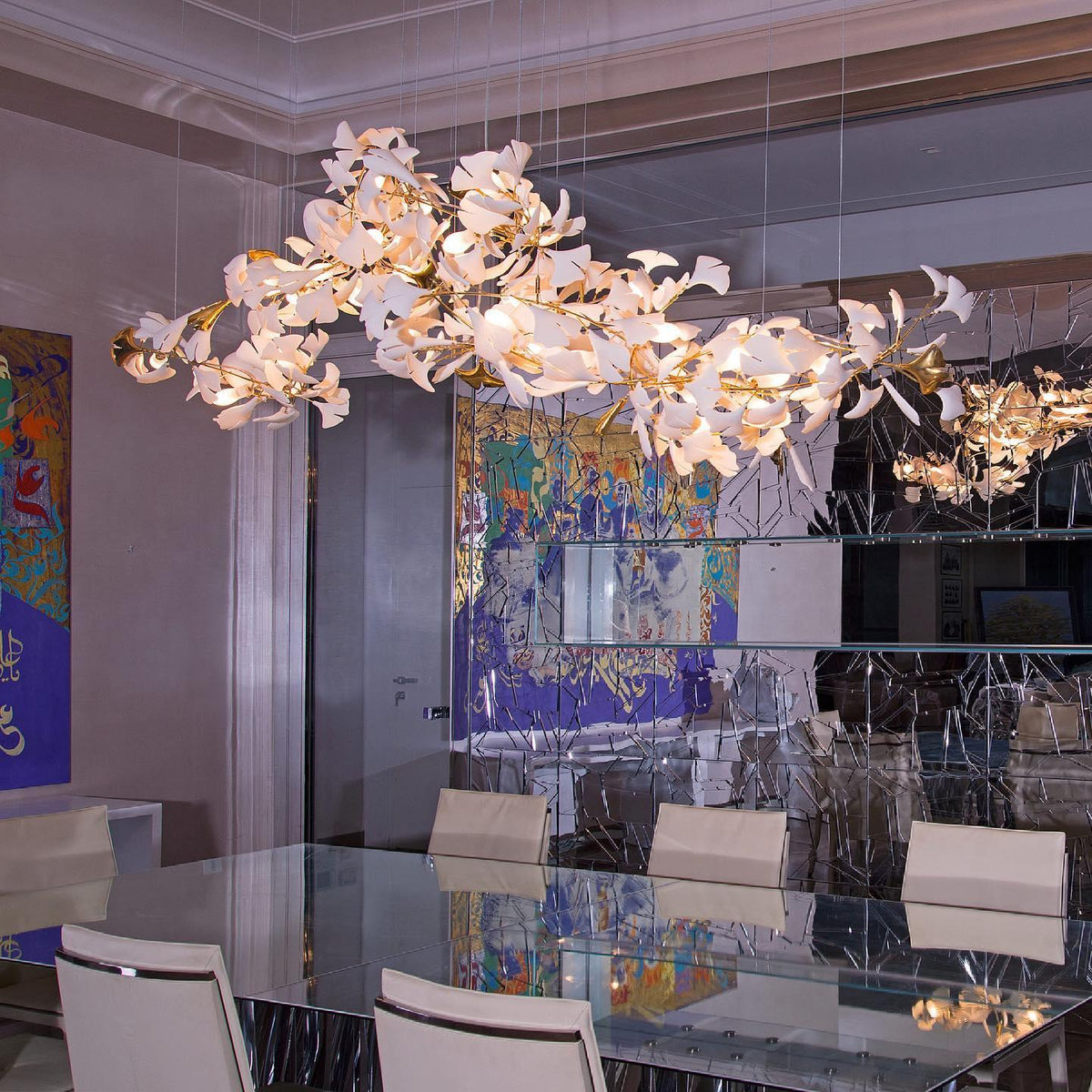 Calix Kroonluchter Frame Keramisch Gingko Bladkap Wit Goud Modern