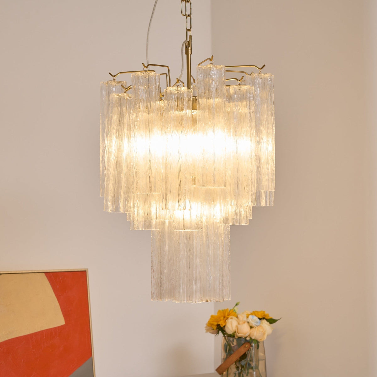 Celorora kroonluchter met heldere Murano-glasbuis, tiered modern
