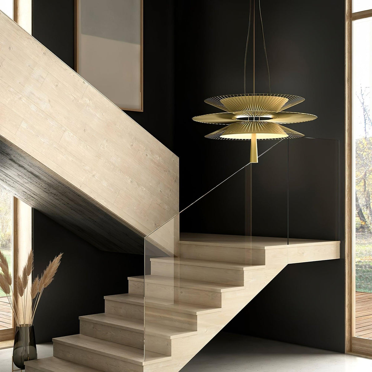Moderne kroonluchter met sculpturale gelaagde draadframe en opvallend ontwerp