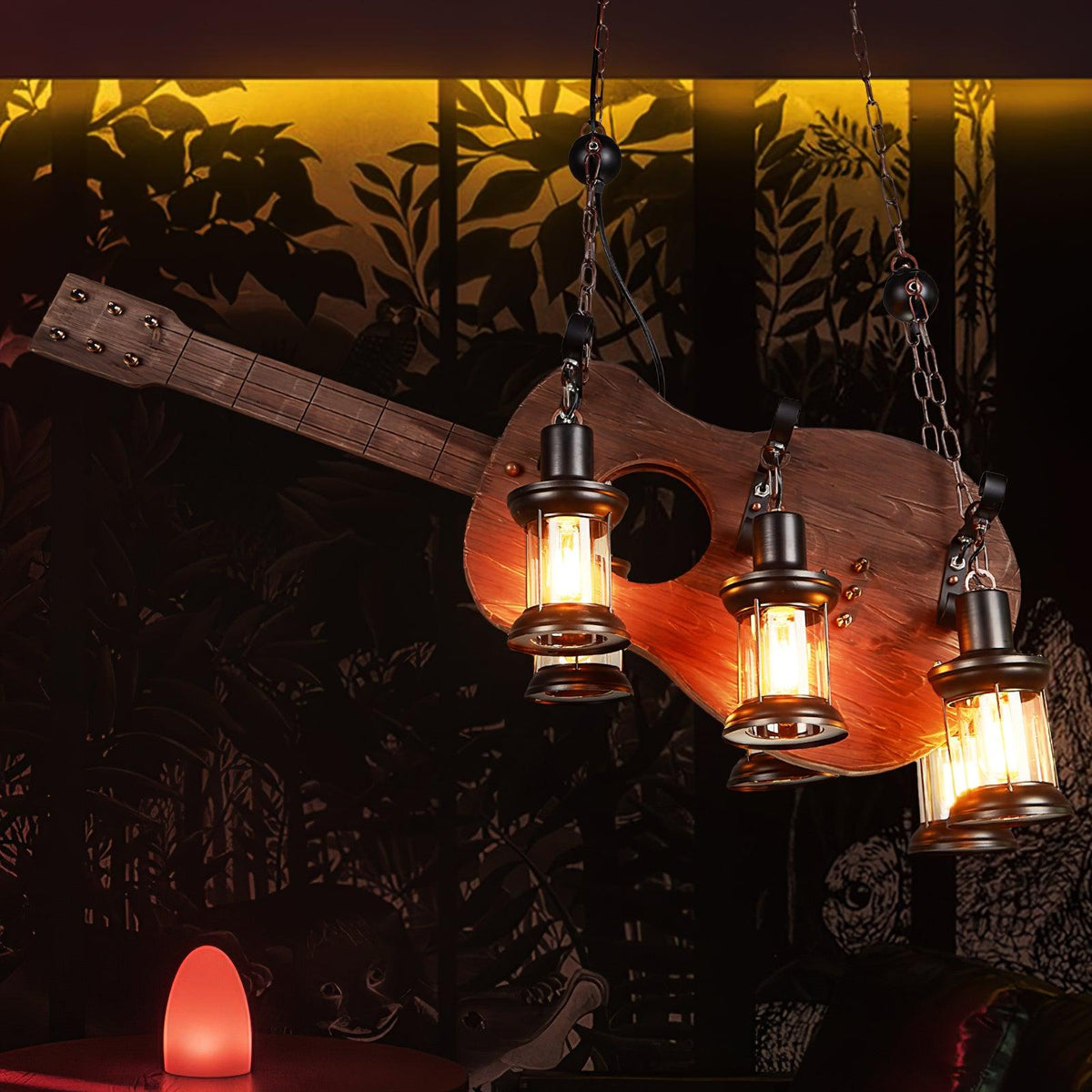 Elvisette hanglamp gitaarvorm rustiek walnoot hout vintage