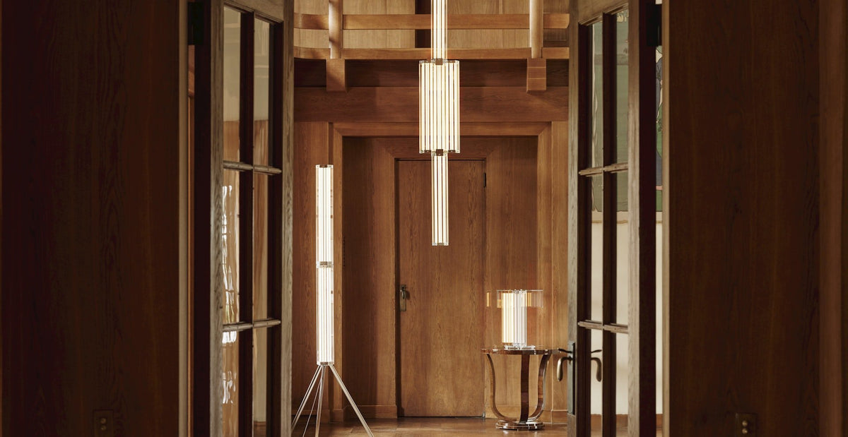 Hexagonal hanglamp van glas met chroomkader