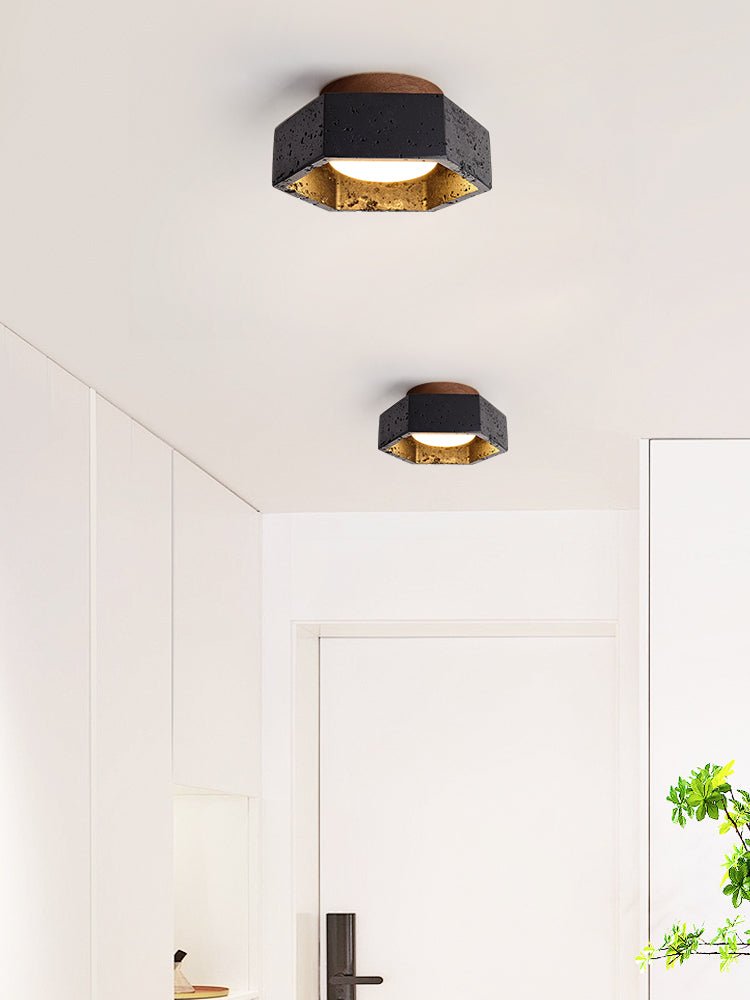 Hexara Zeshoekige plafondlamp van Zwart travertin