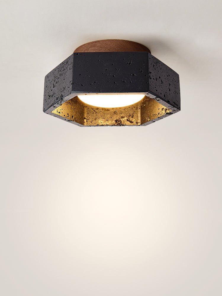 Hexara Zeshoekige plafondlamp van Zwart travertin