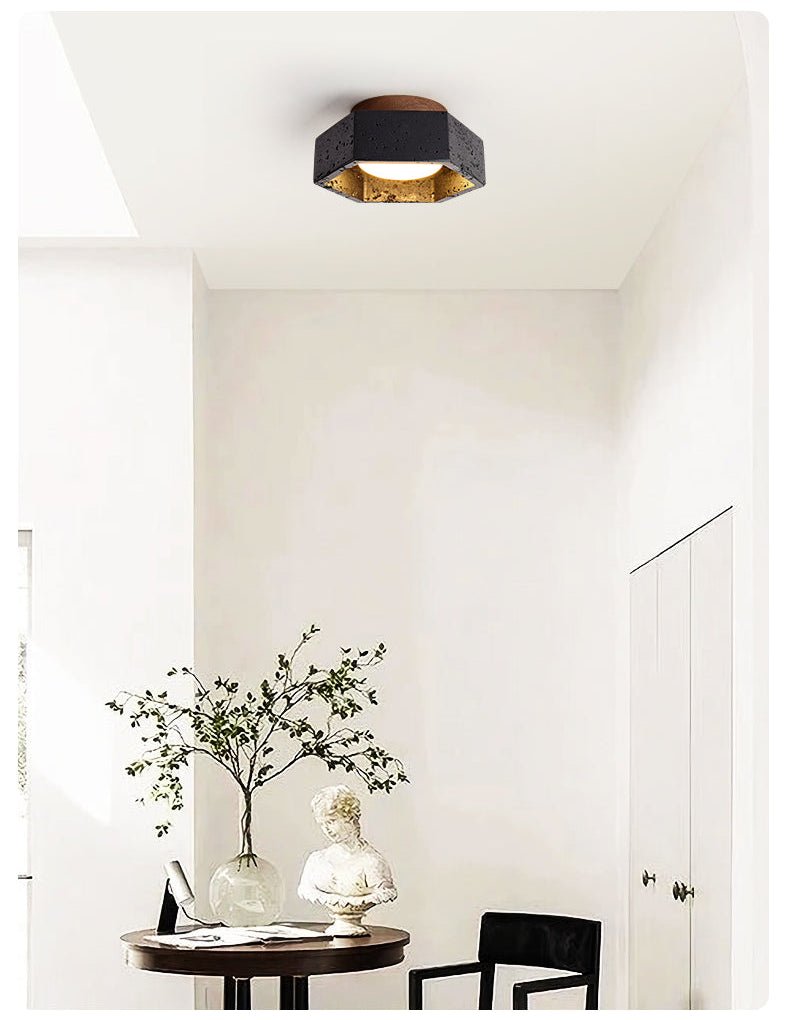 Hexara Zeshoekige plafondlamp van Zwart travertin