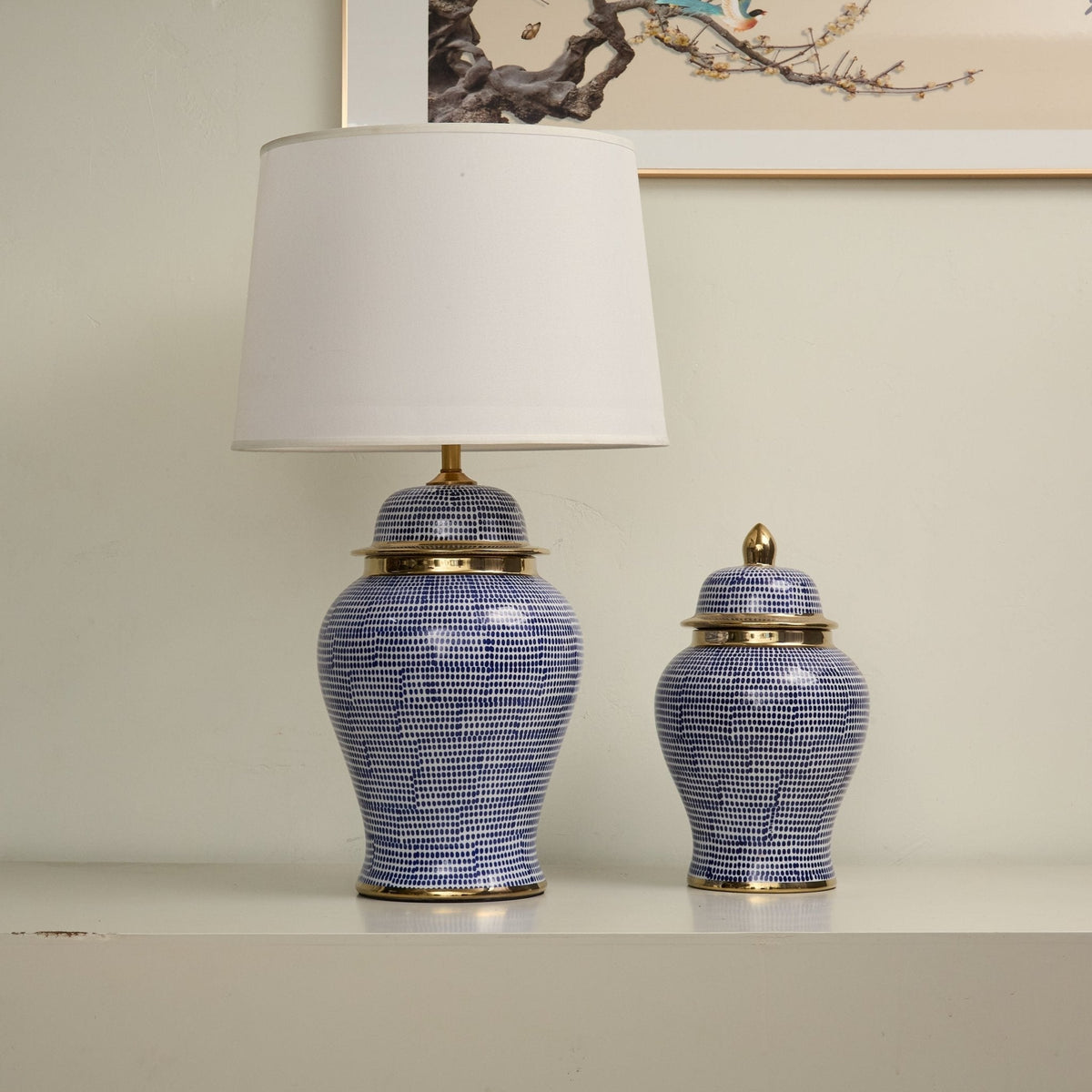 Indigo tafellamp met stippenpatroon in keramiek