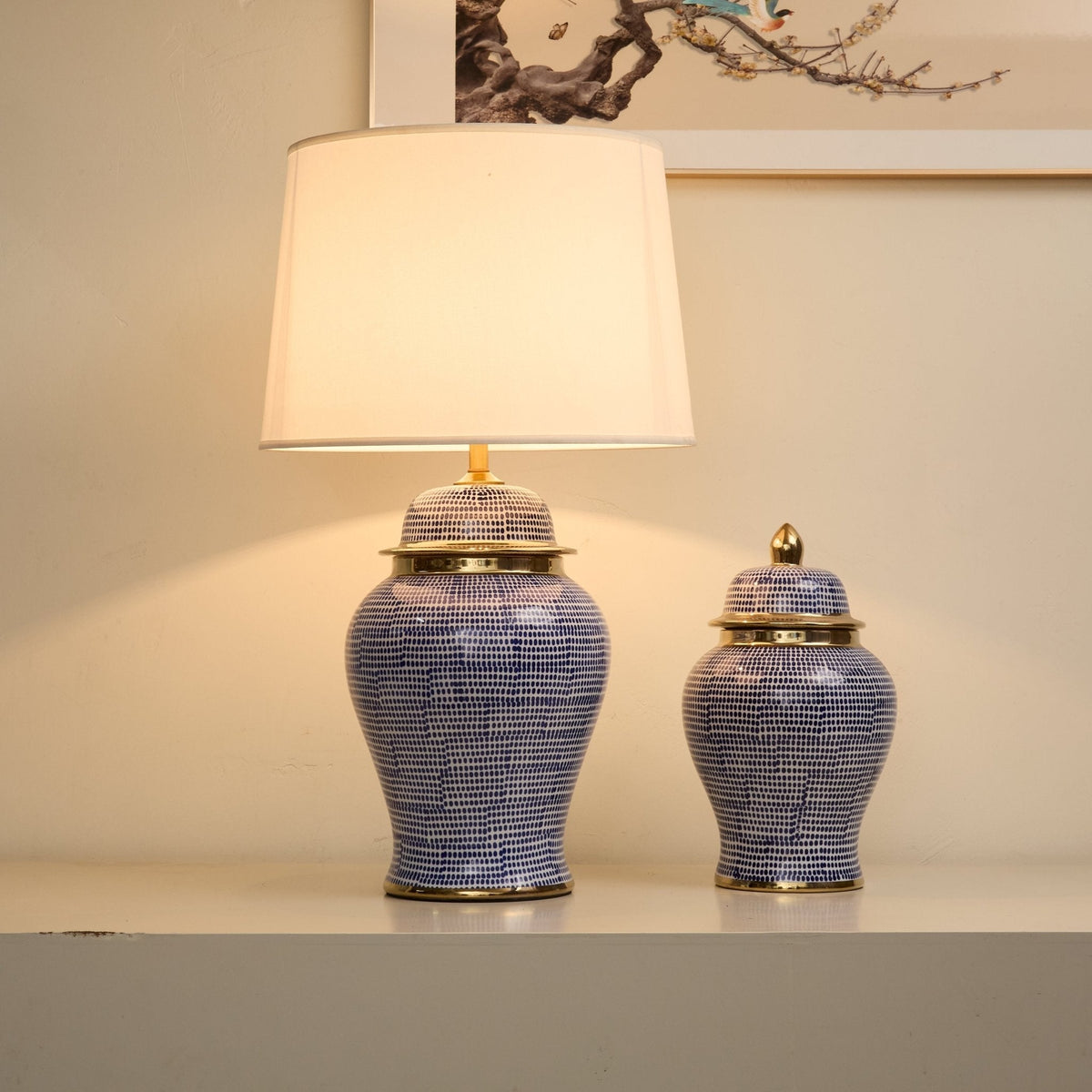 Indigo tafellamp met stippenpatroon in keramiek