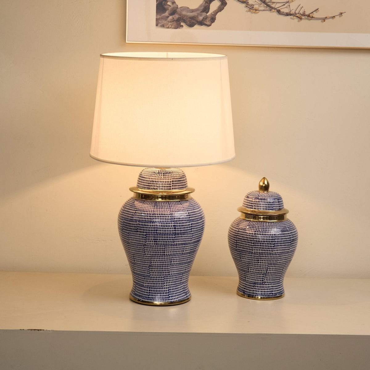 Indigo tafellamp met stippenpatroon in keramiek