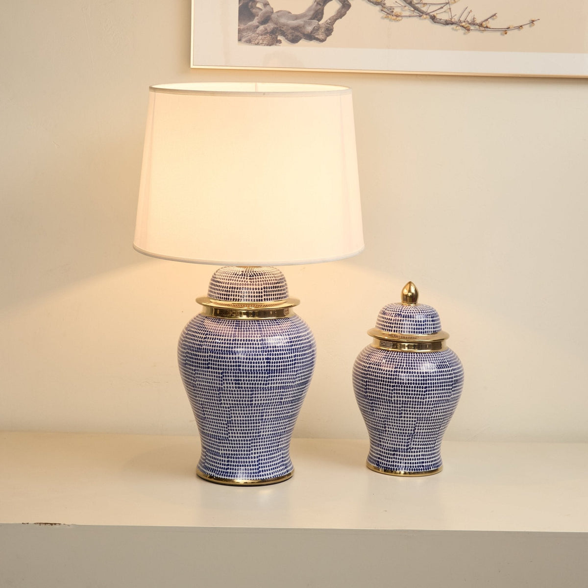 Indigo tafellamp met stippenpatroon in keramiek
