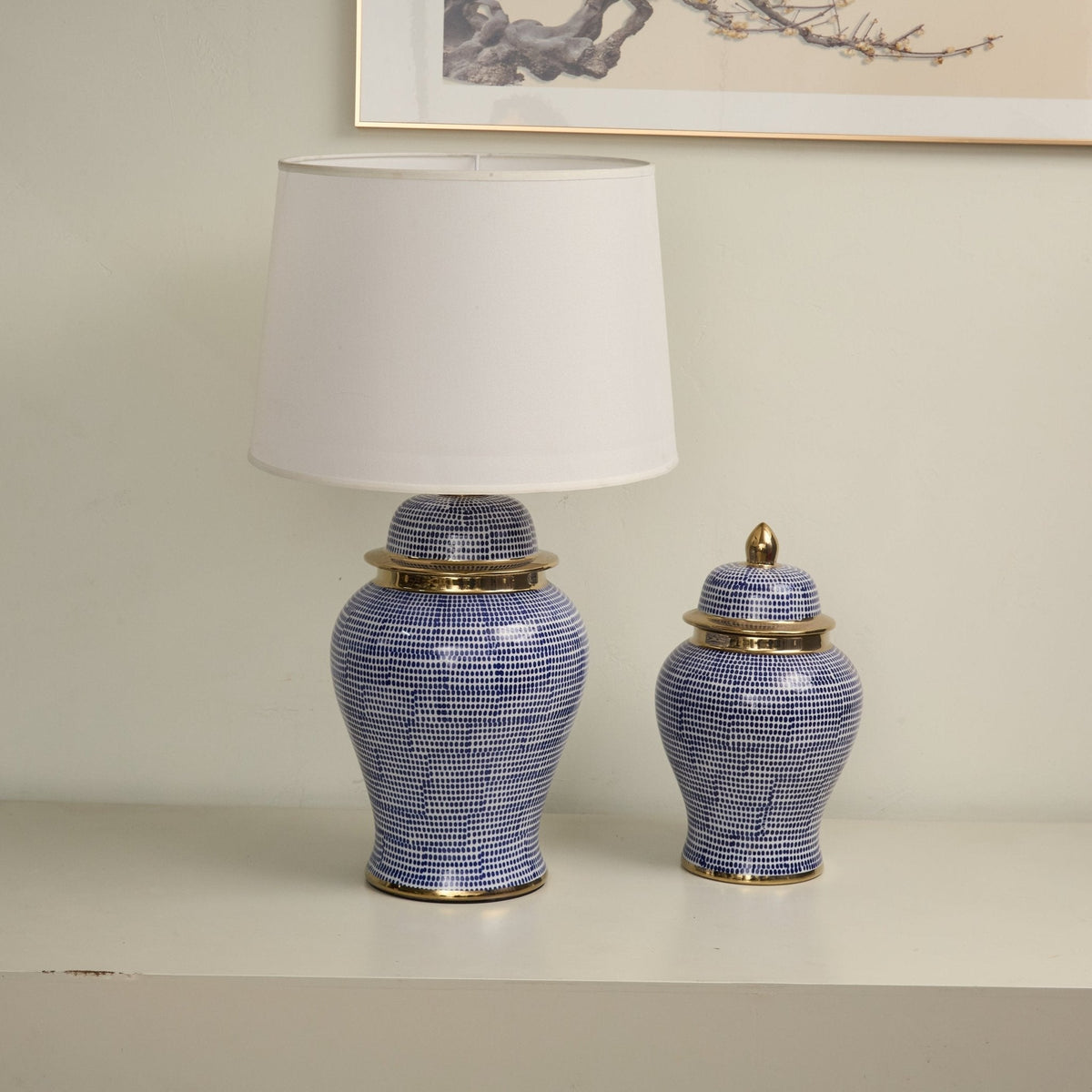 Indigo tafellamp met stippenpatroon in keramiek