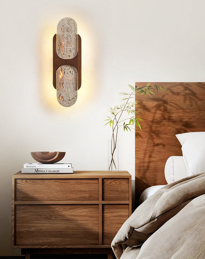 Valarise wandlamp met Geel travertin en Walnoot