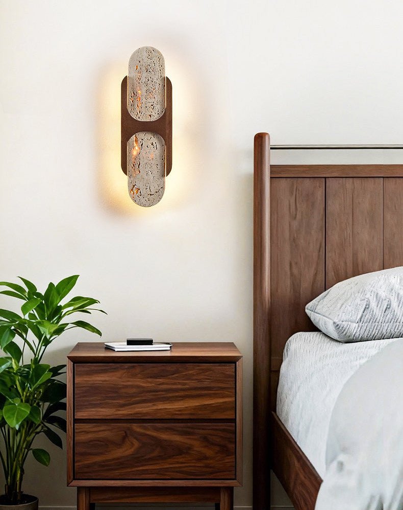 Valarise wandlamp met Geel travertin en Walnoot