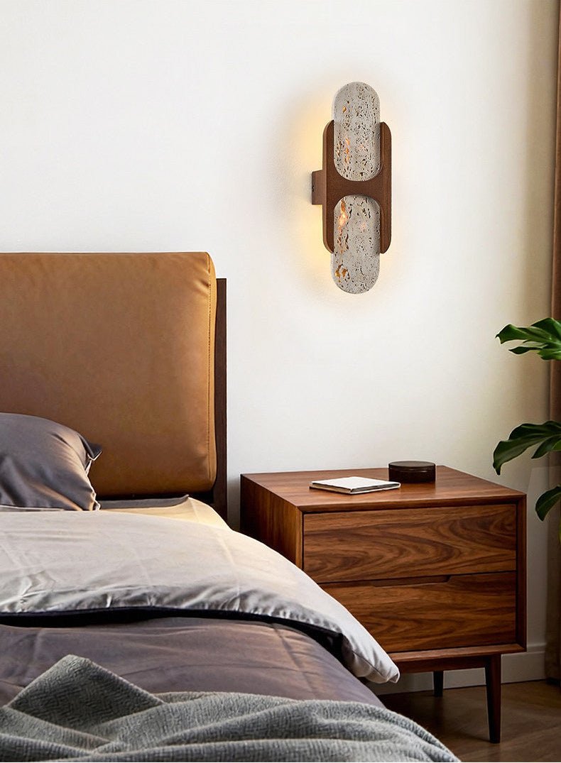 Valarise wandlamp met Geel travertin en Walnoot