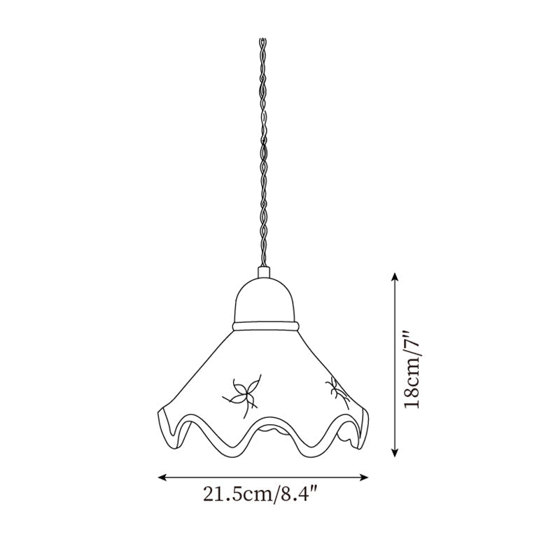Hanglamp met keramische golfkap en bruin randje, retro landelijke stijl