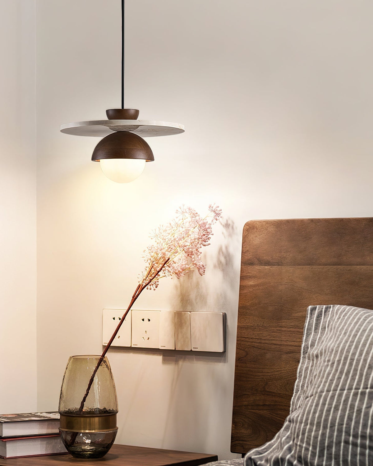 Calvion hanglamp travertin hout glas bol