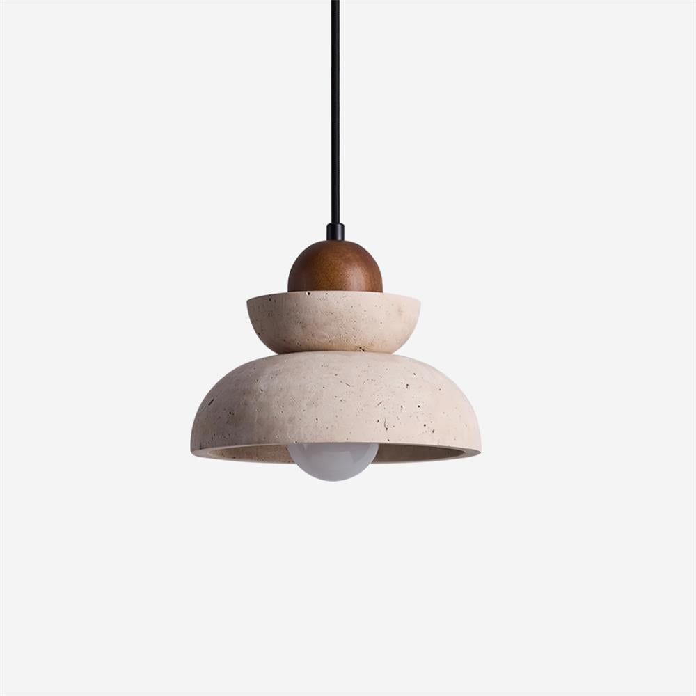 Moderne hanglamp met travertin kap en walnootkleurige afwerking