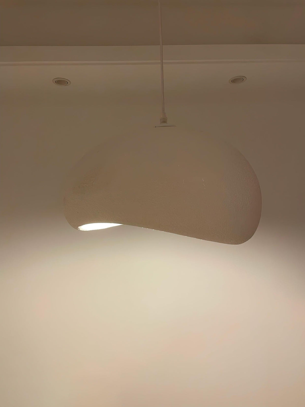 Moderne hanglamp met organische gebogen kap, zachte textuur en artistiek ontwerp