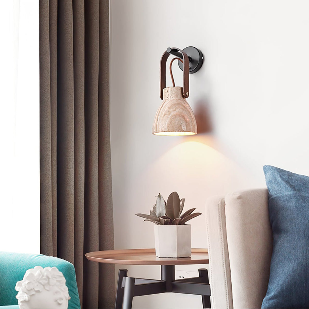 Tarix travertin wandlamp met Houten Handvat