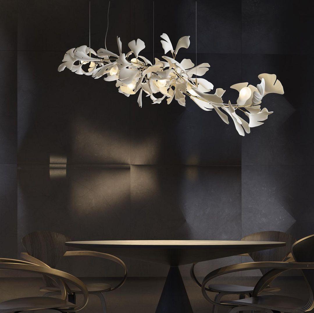 Ayla Kroonluchter Gingko Blad Keramiek Goudlichaam+Witbladeren met bloemblaadjes
