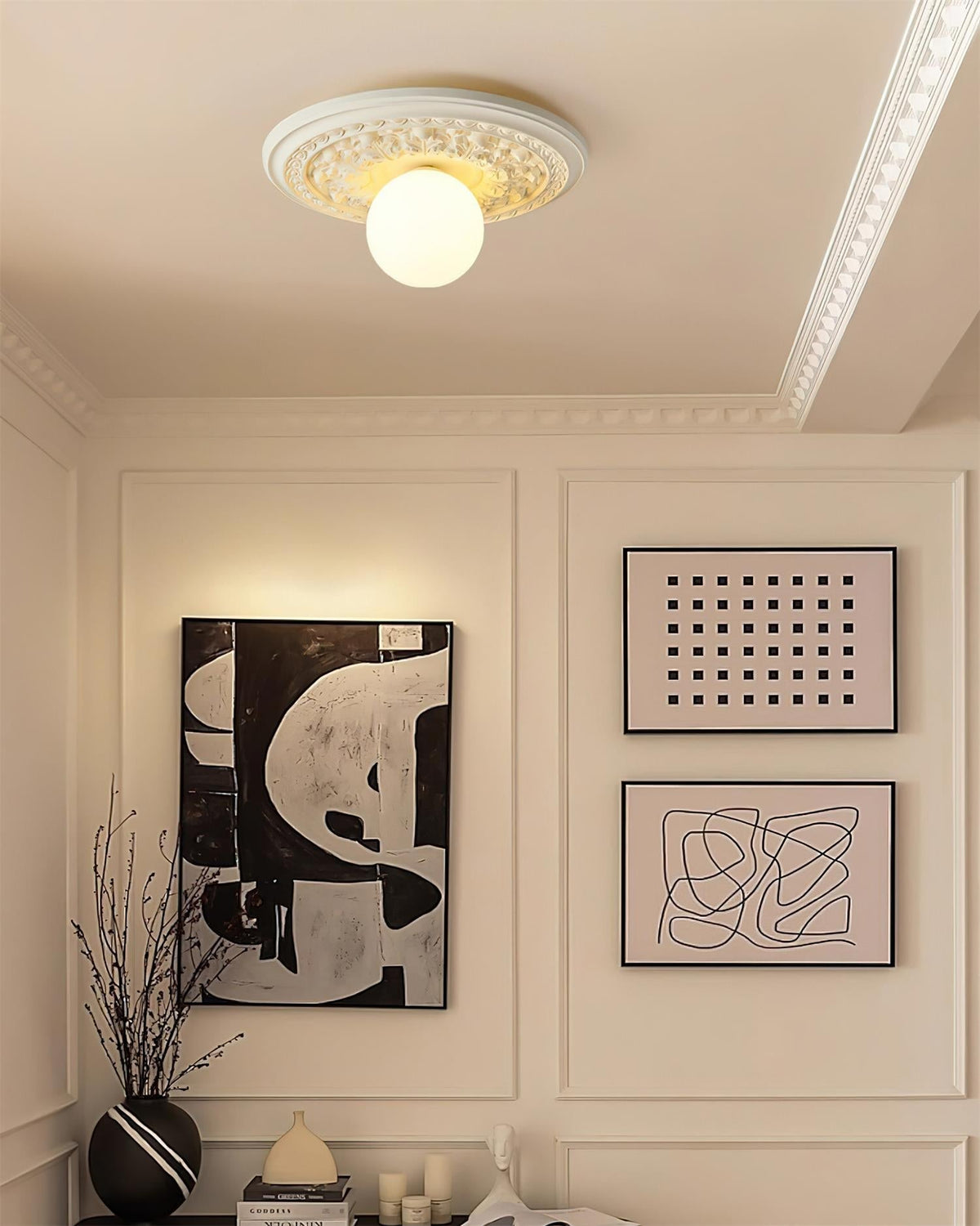 Elya vintage plafondlamp met houtsnijwerk en bolkap