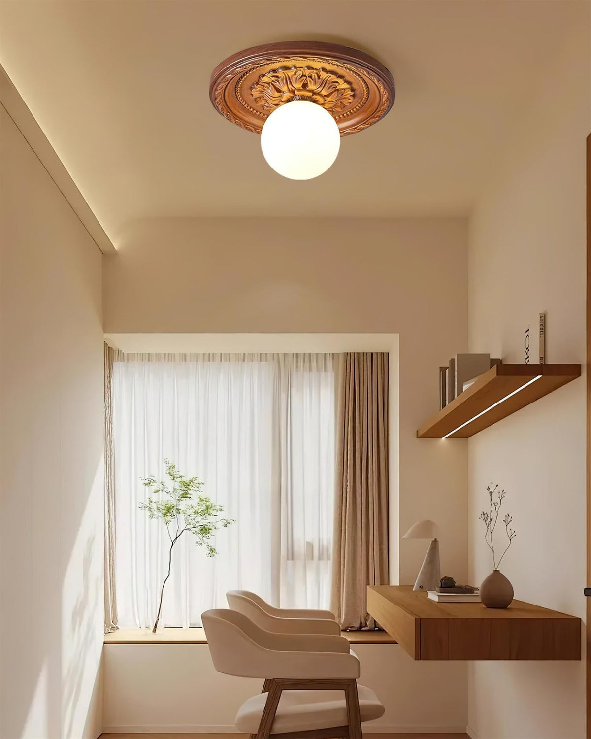 Elya vintage plafondlamp met houtsnijwerk en bolkap
