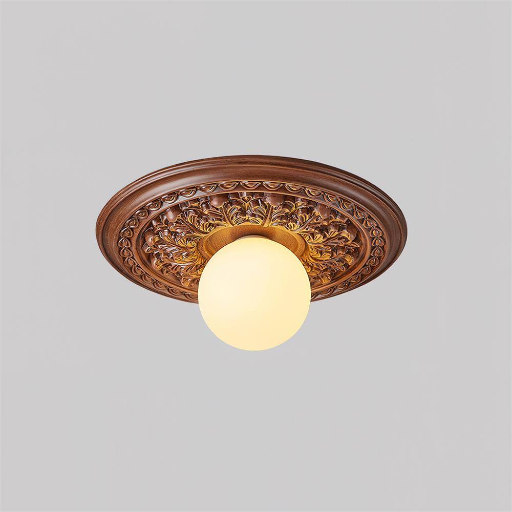 Elya vintage plafondlamp met houtsnijwerk en bolkap