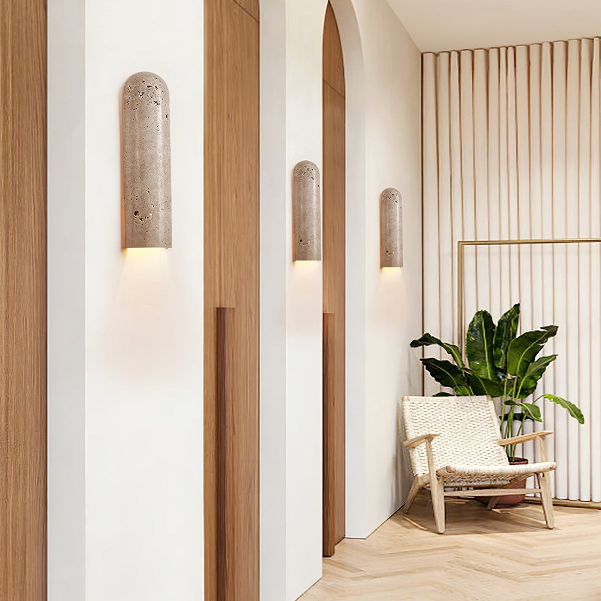 Olvenan wandlamp in geel travertin