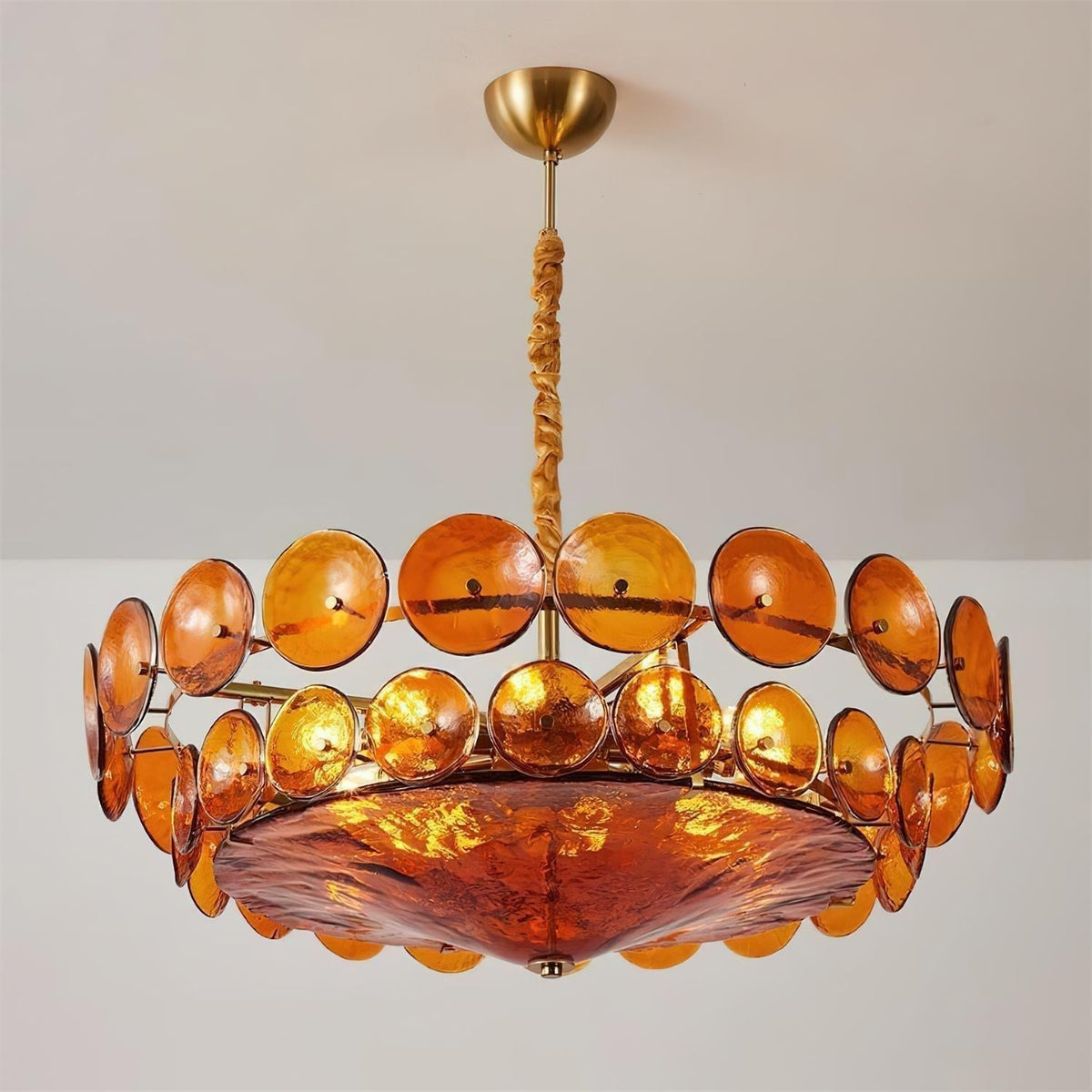 Selvora kroonluchter amber glas schijf elegant goud