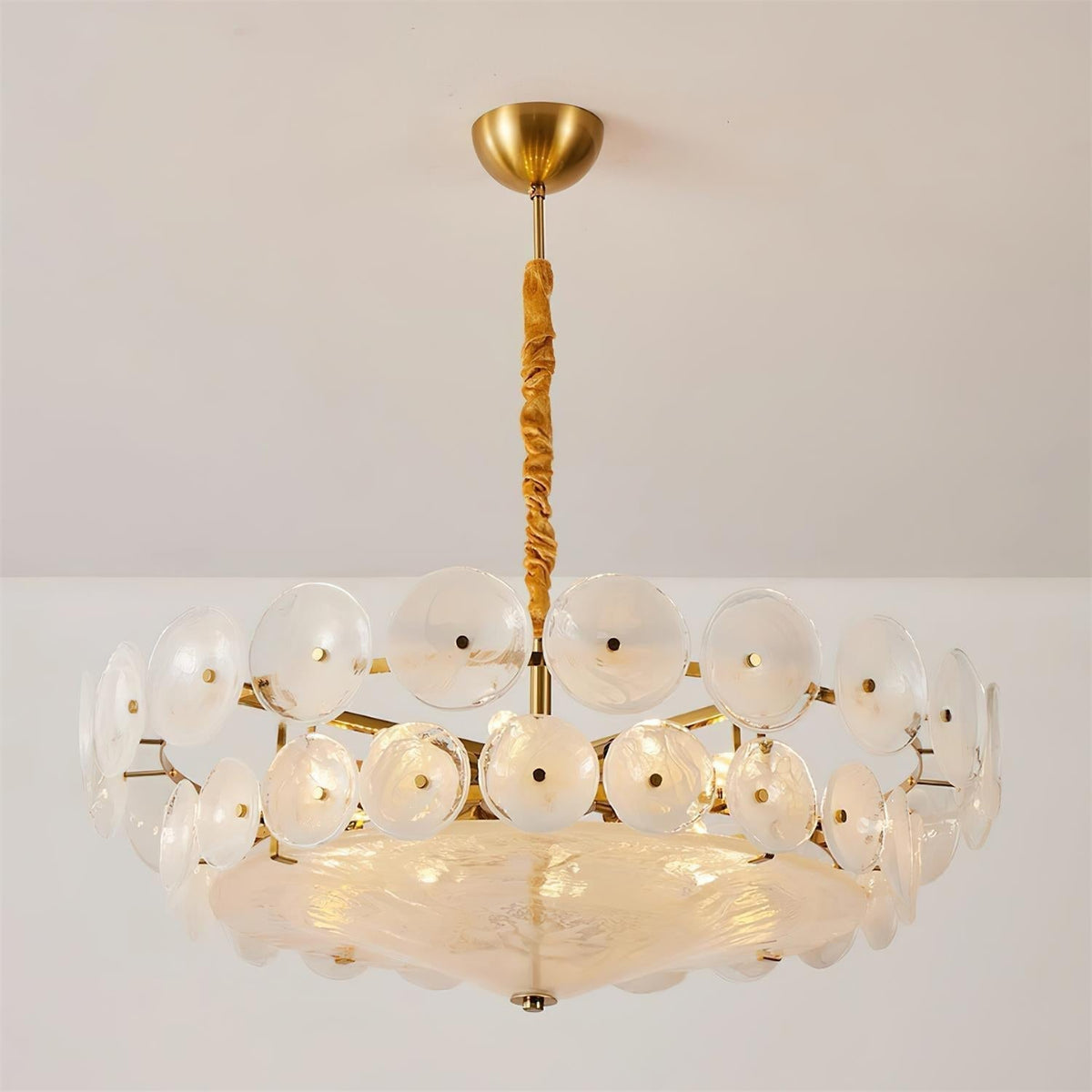 Selvora kroonluchter amber glas schijf elegant goud