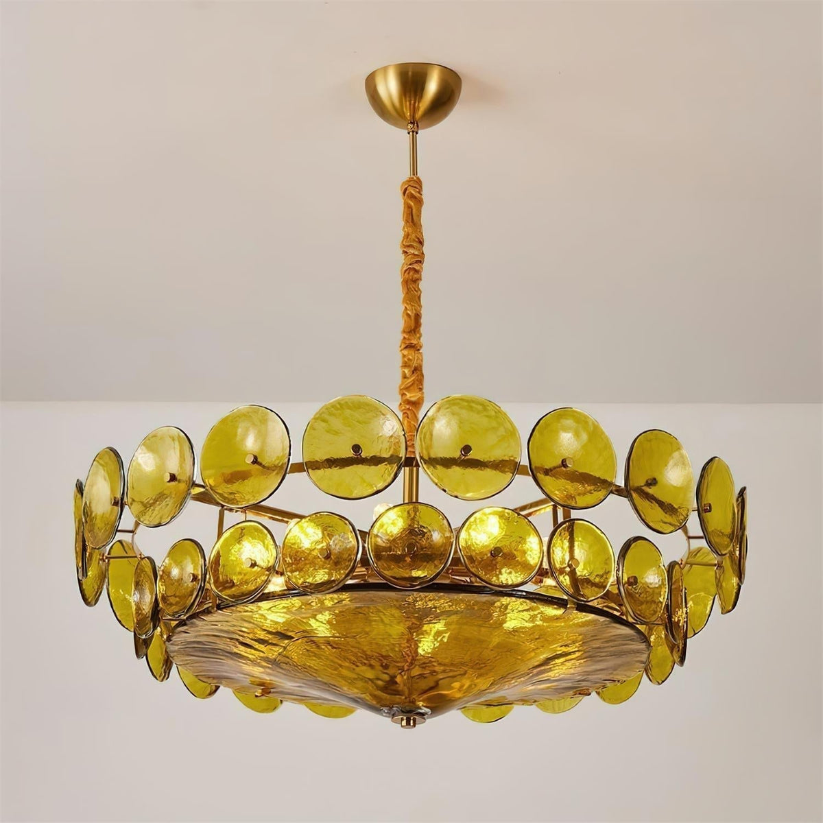 Selvora kroonluchter amber glas schijf elegant goud