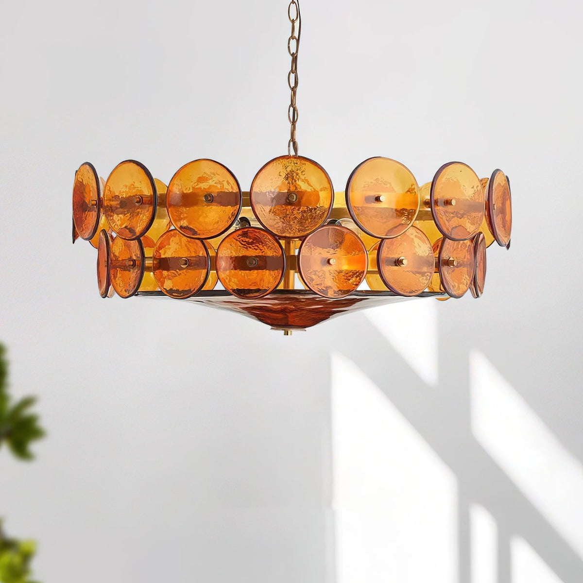Selvora kroonluchter amber glas schijf elegant goud