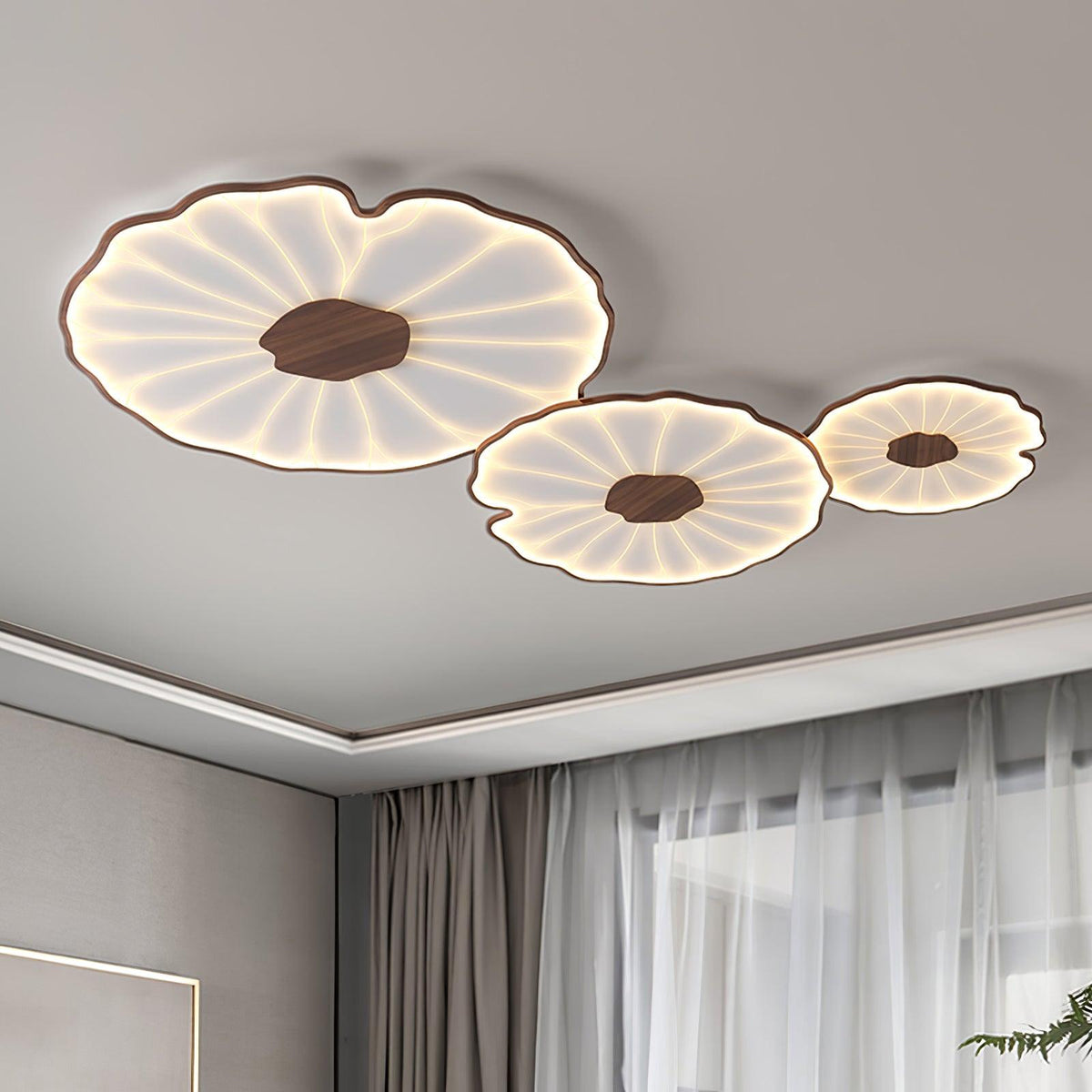 Rinorian plafondlamp Lotus Leaf met walnoot afwerking