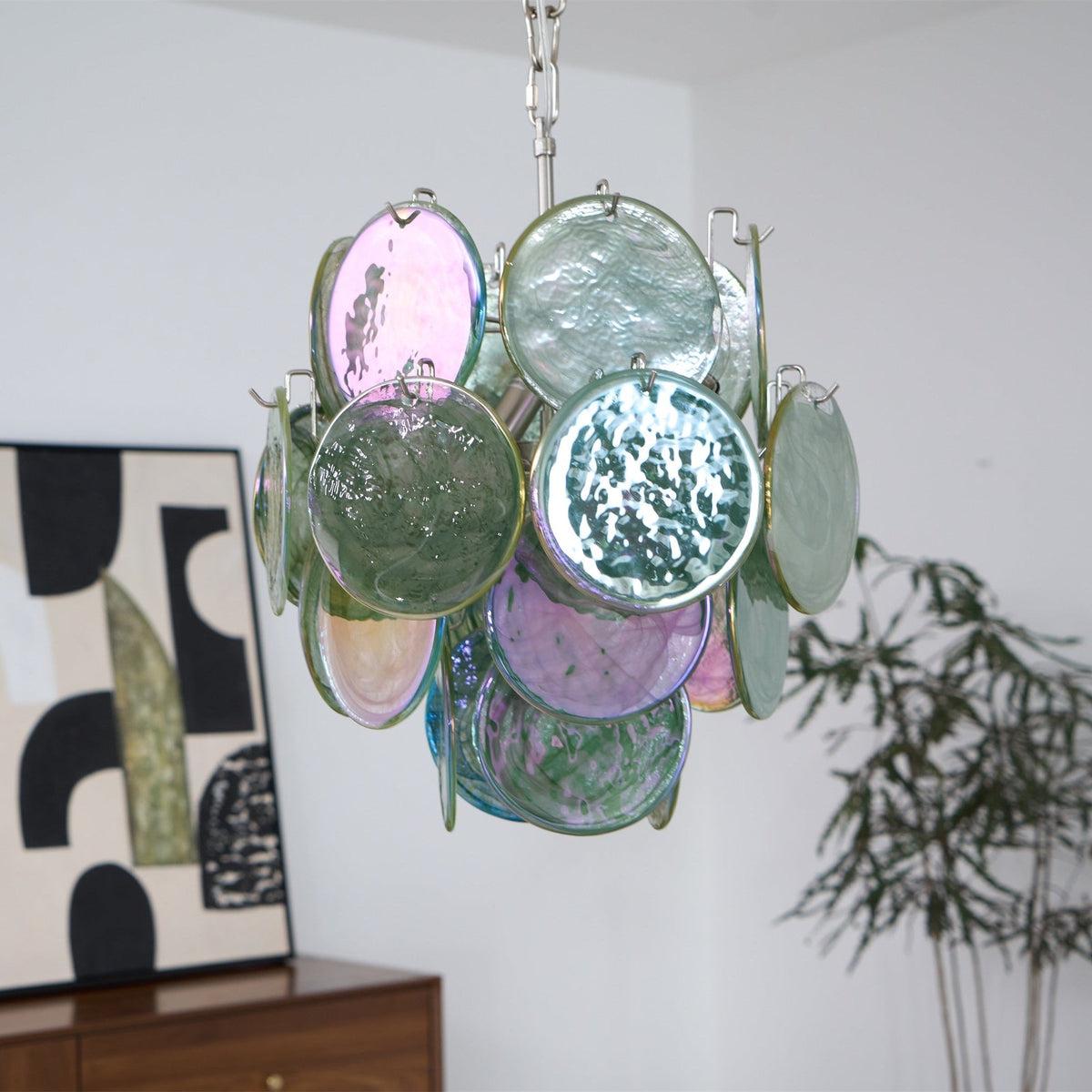 Teriinelle kroonluchter met meelagen Murano-disc kunstwerk in meerdere kleuren