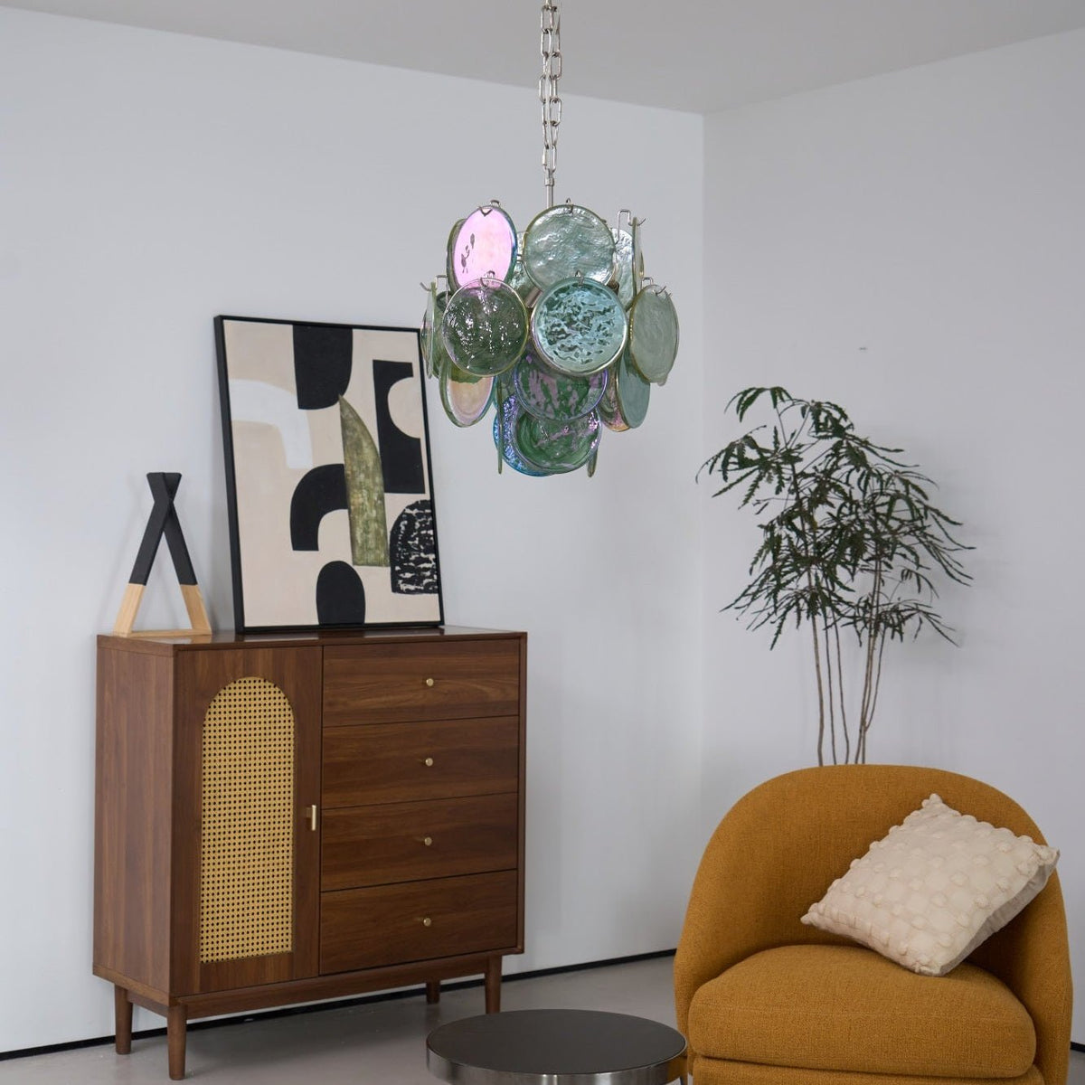 Teriinelle kroonluchter met meelagen Murano-disc kunstwerk in meerdere kleuren