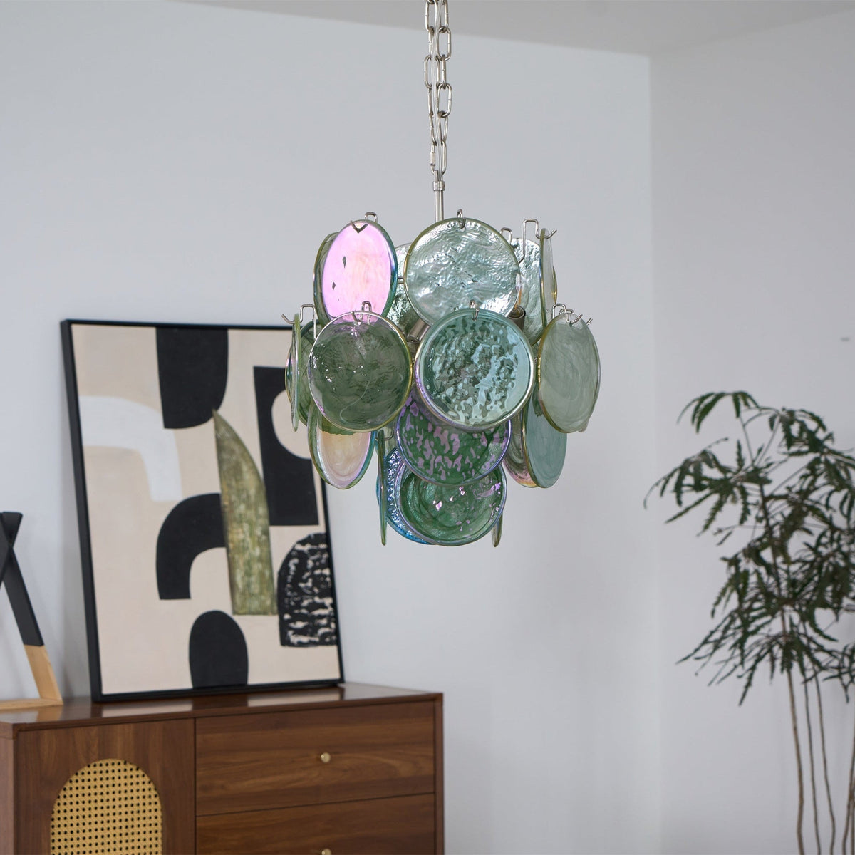 Teriinelle kroonluchter met meelagen Murano-disc kunstwerk in meerdere kleuren