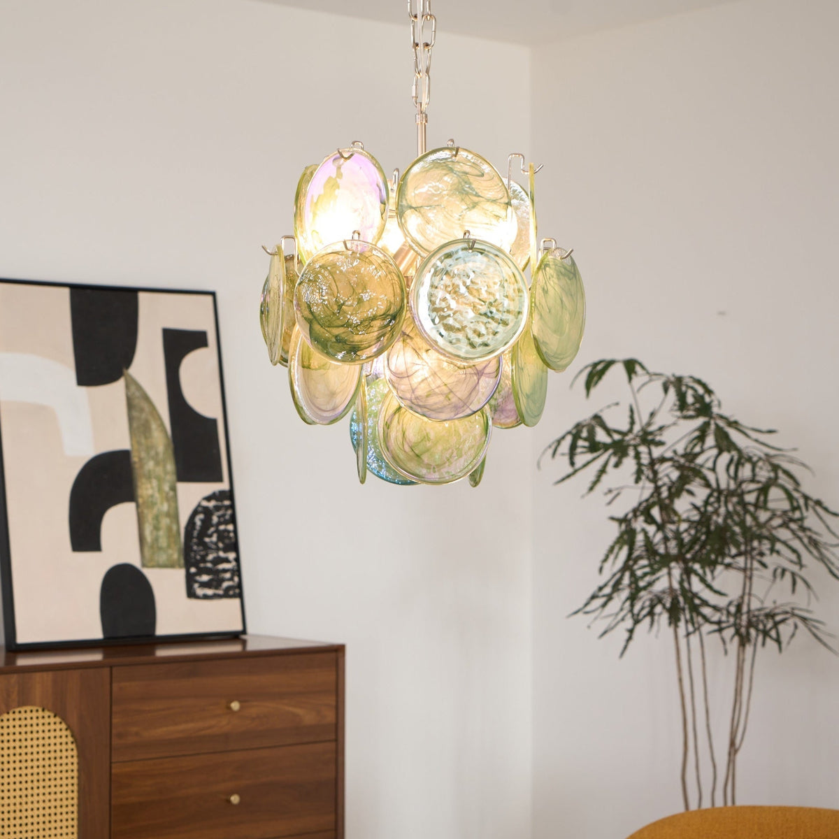 Teriinelle kroonluchter met meelagen Murano-disc kunstwerk in meerdere kleuren