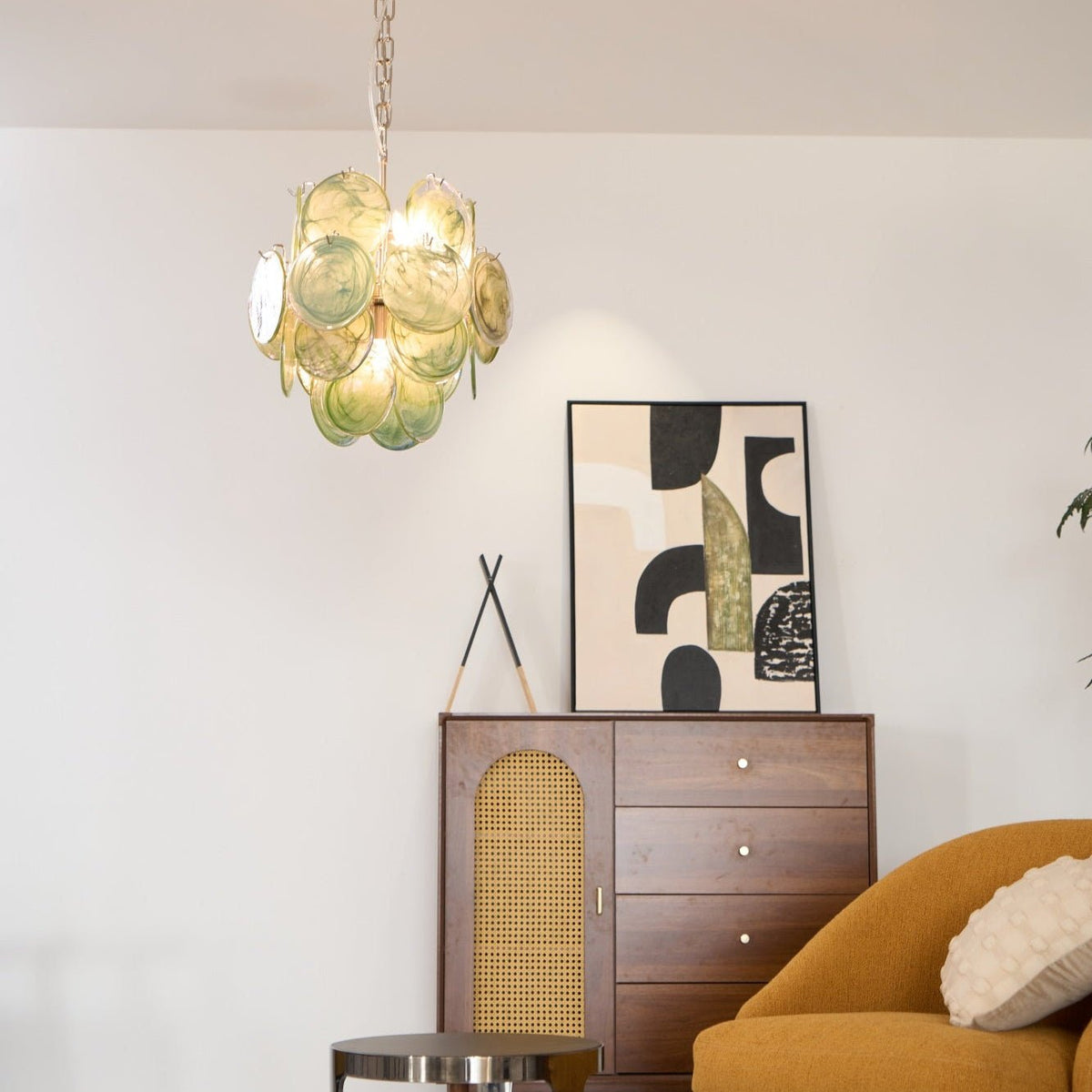 Teriinelle kroonluchter met meelagen Murano-disc kunstwerk in meerdere kleuren