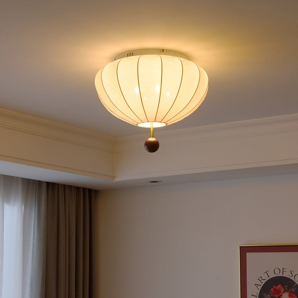 Rinelora plafondlamp van walnoothout en beige stof