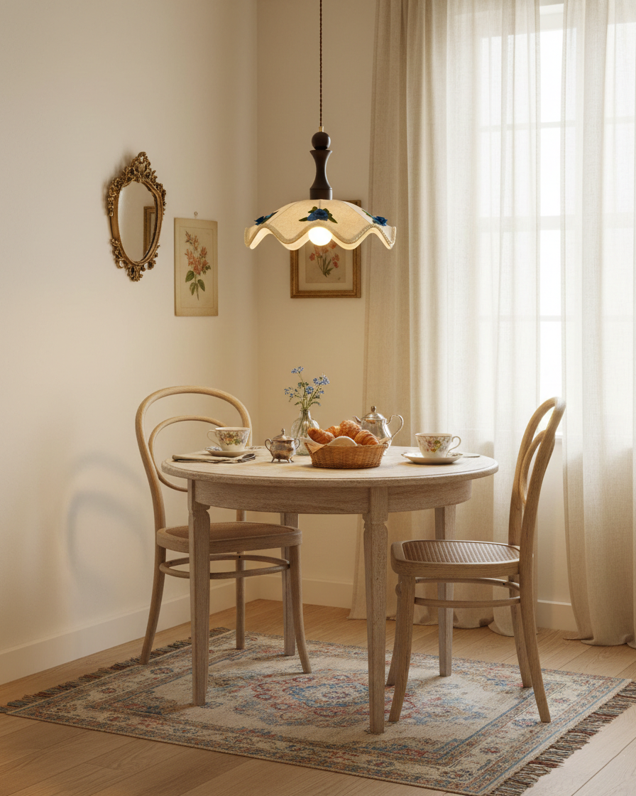 Seleaine hanglamp van walnoot met beige golfvormige stoffen kap en blauwe bloemmotieven