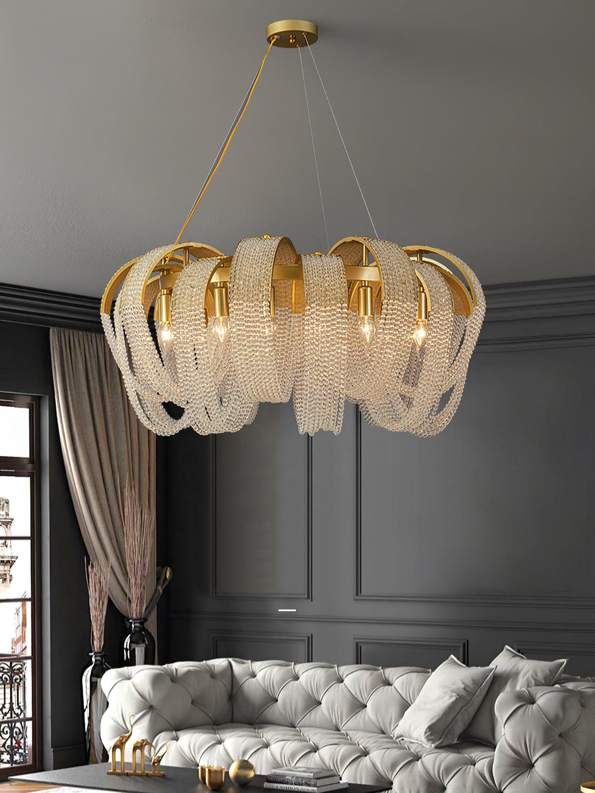 Siv kroonluchter met mesh kristal en gouden waterval-effect