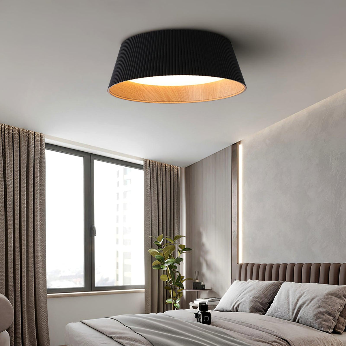 Rineia plafondlamp geribbelde trommelvorm hout elegant hedendaags