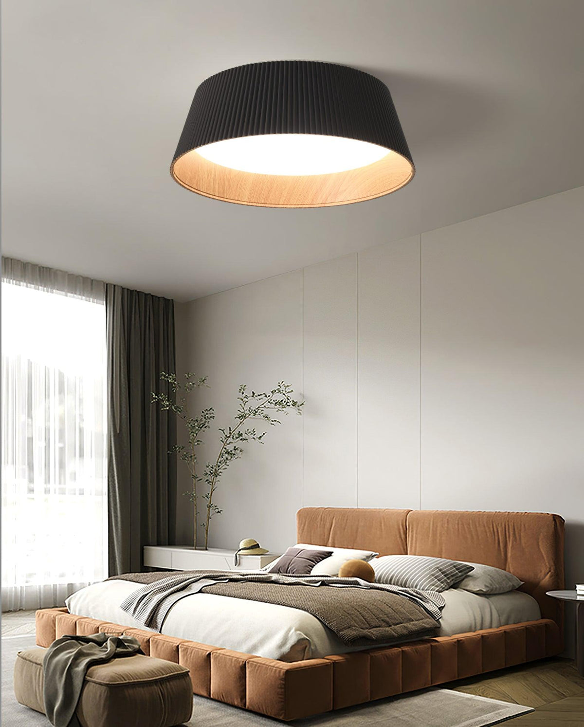 Rineia plafondlamp geribbelde trommelvorm hout elegant hedendaags