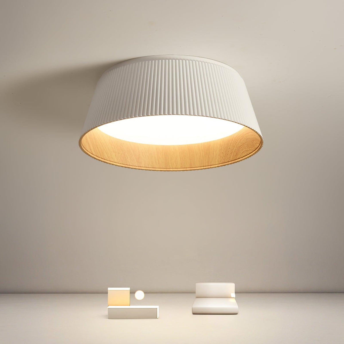 Rineia plafondlamp geribbelde trommelvorm hout elegant hedendaags
