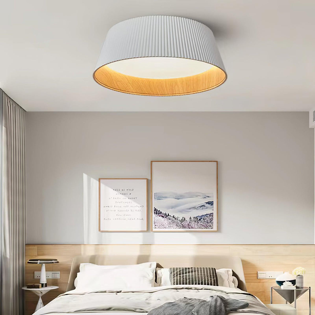 Rineia plafondlamp geribbelde trommelvorm hout elegant hedendaags