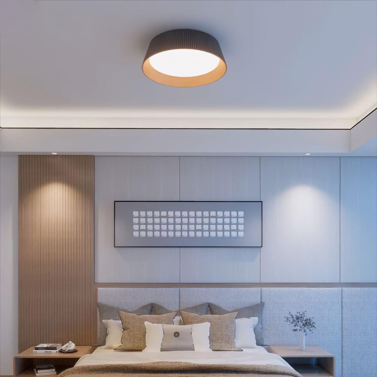Rineia plafondlamp geribbelde trommelvorm hout elegant hedendaags
