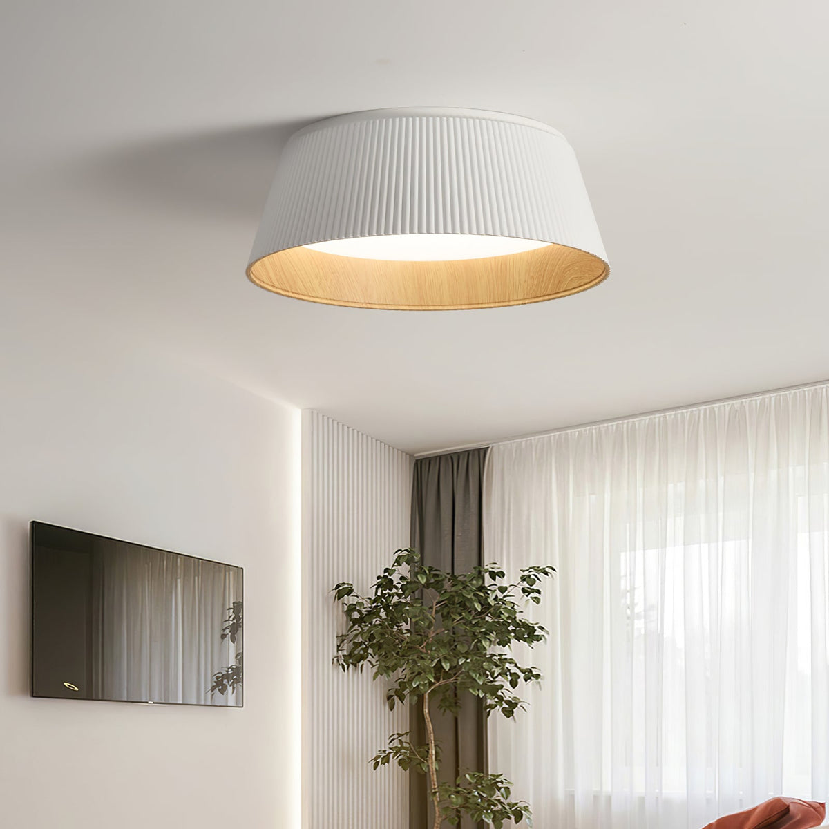 Rineia plafondlamp geribbelde trommelvorm hout elegant hedendaags