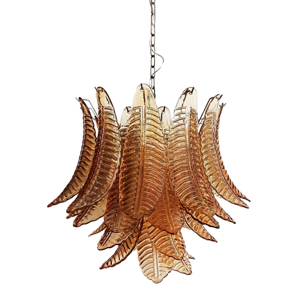Lioreelle kroonluchter van glas met amberglasbladeren, gelagen Venetiaanse elegantie