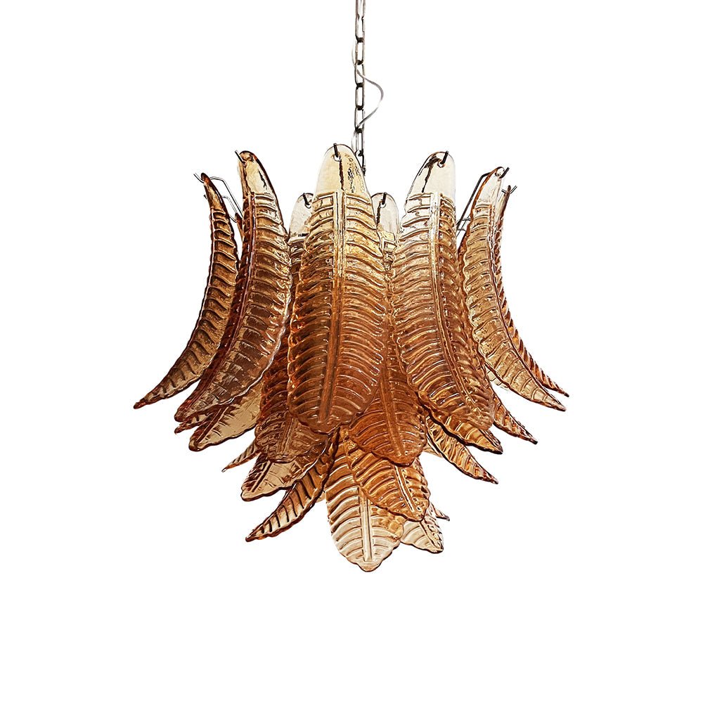 Lioreelle kroonluchter van glas met amberglasbladeren, gelagen Venetiaanse elegantie